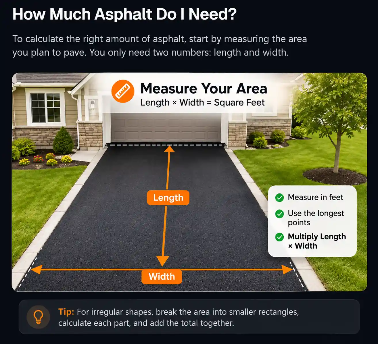 Driveway measurement diagram showing length and width for asphalt calculation.